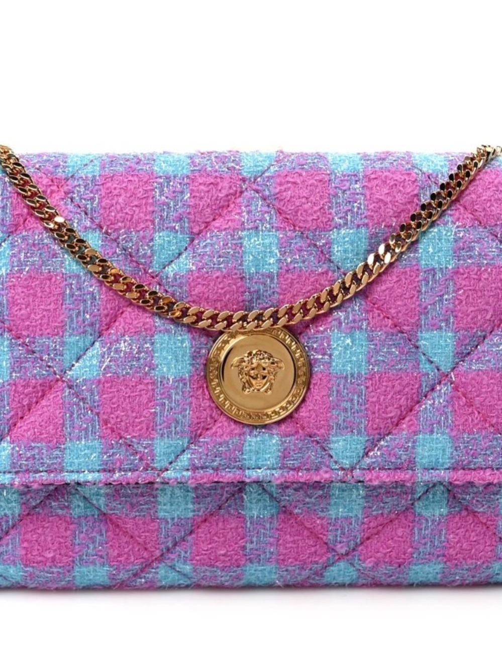 ✨💎NWT💎✨Versace Pink , Turquoise & Purple Tweed Wallet on Chain! - Picture 8 of 9